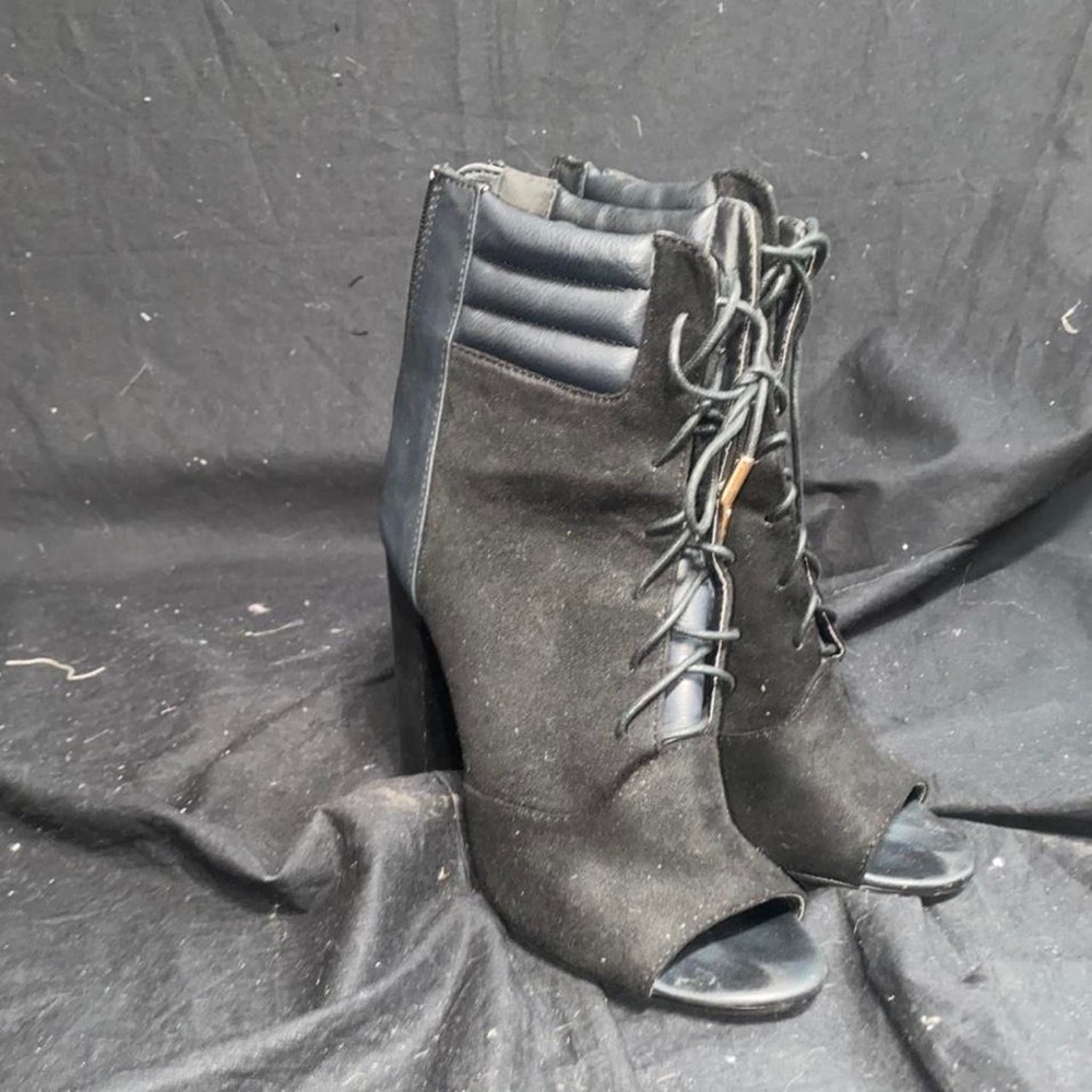 Black Open Toe Suede & Leather Block Heel Tie Up … - image 1